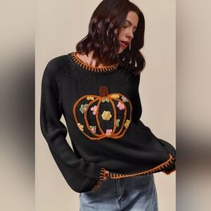 SO ME Pumpkin Floral Embroidered Thanksgiving Sweater